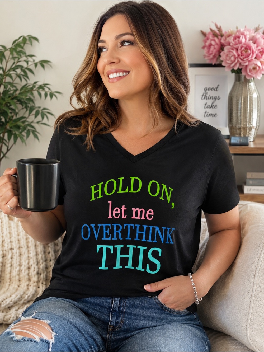 Funny Black T-Shirt “Hold On, Let Me Overthink This” Woman’s Sz L V-Neck